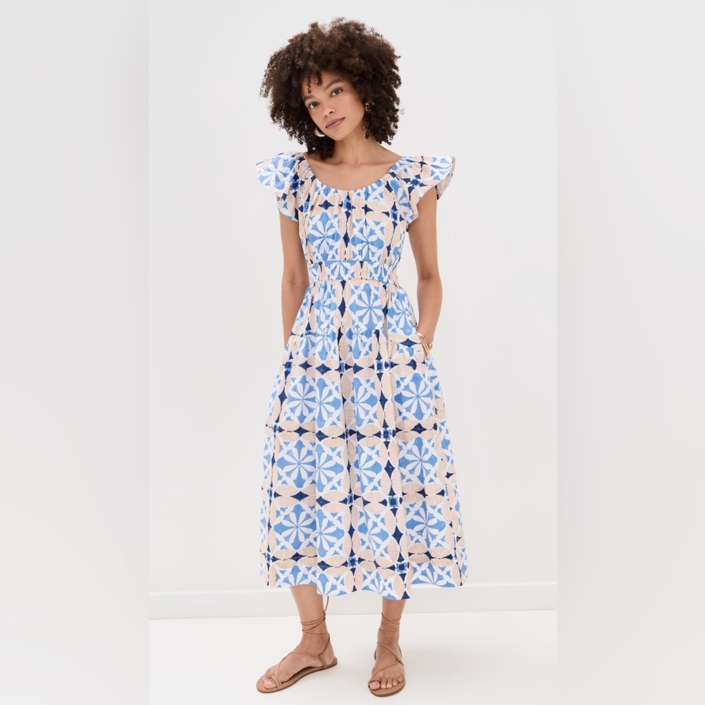 Marea Jane Midi Blue and Cream Patterned Tile Print Women's Dress